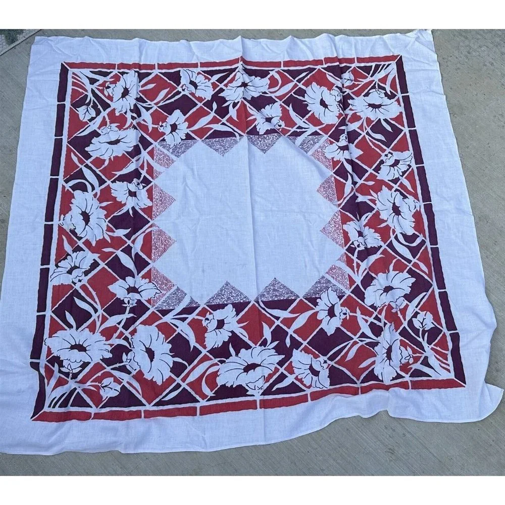Vintage Tablecloth Tropical Flowers Purple Pink Farmhouse Square